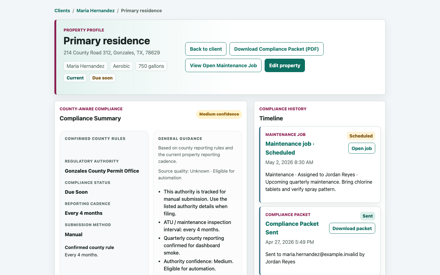 SepticLedger property detail page showing system information, maintenance schedule, compliance summary, and history